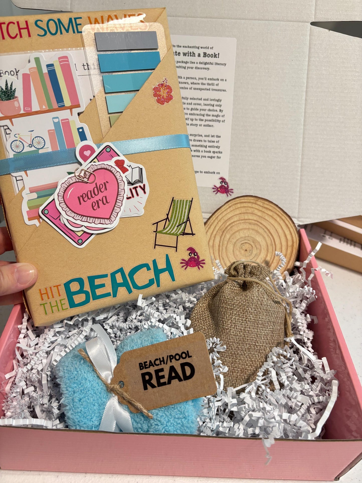 Birthday themed blind date book with book accessories included in a surprise box. May include a dark romance, book or other books featured on books Instagram. Other genres available are romcom, romantic, and included, maybe smut Stickers.