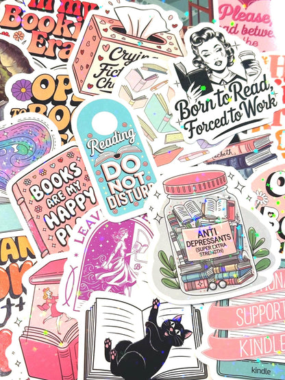 Bookish mystery sticker pack includes 10–120 waterproof vinyl stickers perfect for book lovers. Designed for Kindle, laptop decal, or water bottle decal use. Includes holographic stickers, smut stickers, kindle accessories, bookish stickers store, dragon sticker, bookish, digital download bookish stickers, bookstagram. Great as a bookish gift or reading journal decoration!