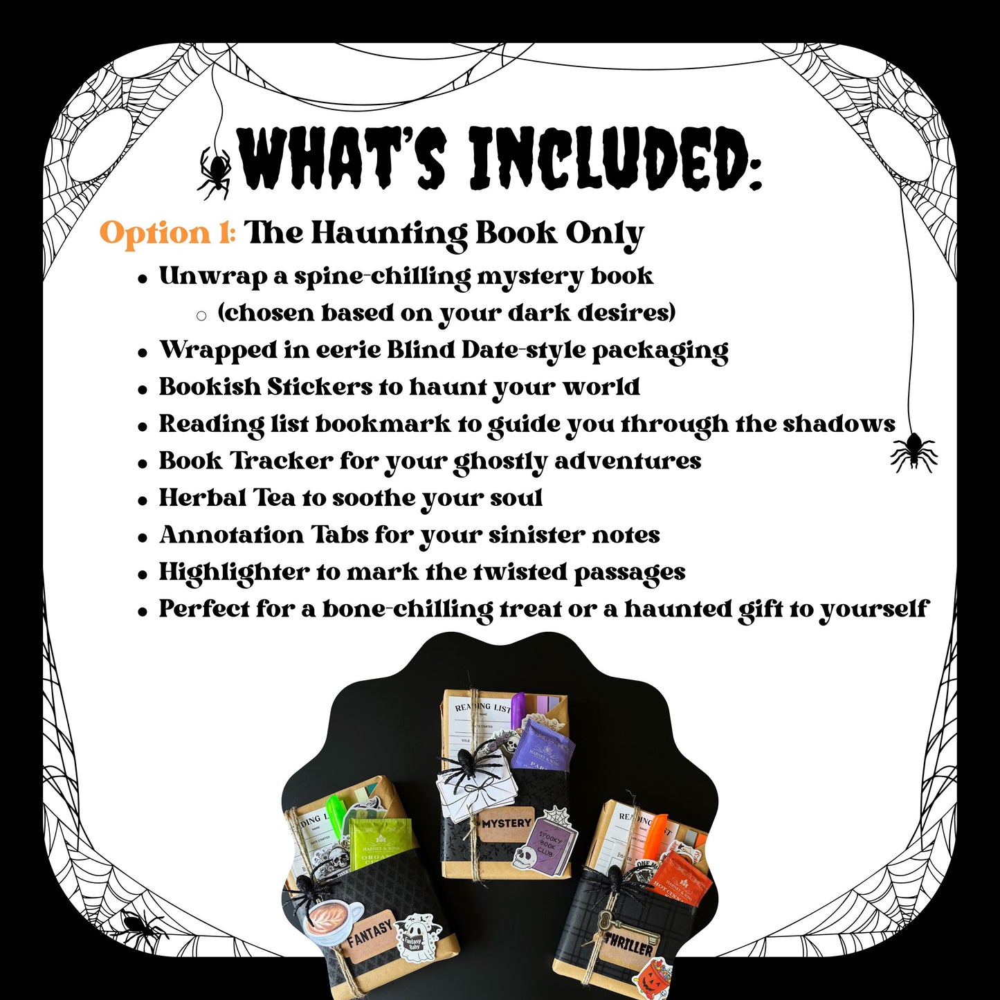 A spooky mystery box filled with surprises for book lovers! This Blind Date with a Book box includes a carefully wrapped mystery book along with book accessories like annotation tabs, a book tracker, and themed stickers. Perfect for fans of dark romance books, romantic fantasy, and mystery books. Great for treating yourself or gifting to a loved one who enjoys the thrill of a bookish surprise. romantasy blind date with book mystery box gift hygge gift self care gift