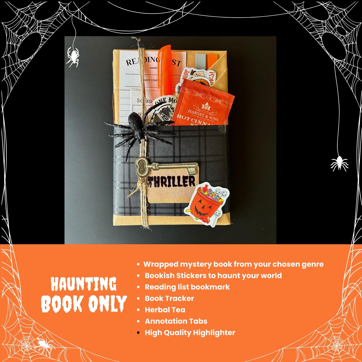 Delight spooky book lovers with a Halloween Blind Date with a Book Box including a surprise mystery book, festive Halloween blind date-style gift wrap, bookish stickers, reading log, herbal tea, annotation tabs, and highlighter. Ideal for blind book dates, book lover gift boxes, mystery box gifts, dark romance readers, romantasy fans, and anyone looking for a spooky, surprise book experience. Spooky Gift Mystery Box Boo Basket