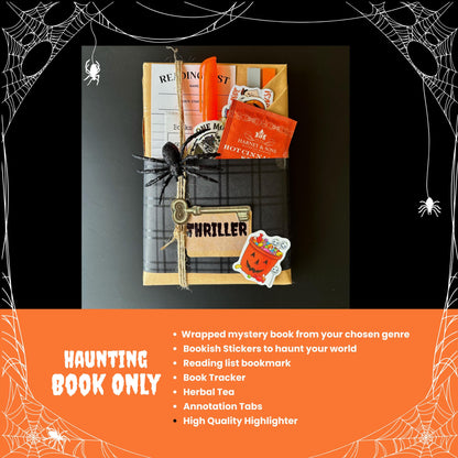 Delight spooky book lovers with a Halloween Blind Date with a Book Box including a surprise mystery book, festive Halloween blind date-style gift wrap, bookish stickers, reading log, herbal tea, annotation tabs, and highlighter. Ideal for blind book dates, book lover gift boxes, mystery box gifts, dark romance readers, romantasy fans, and anyone looking for a spooky, surprise book experience. Spooky Gift Mystery Box Boo Basket