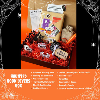 A spooky mystery Blind Date with a Book Box for Halloween, featuring a surprise wrapped mystery book, bookish stickers, reading log, herbal tea, annotation tabs, highlighter, and festive Halloween packaging. Perfect as a gift for book lovers, blind book dates enthusiasts, mystery book club members, and fans of dark romance books, romantasy stickers, and spooky themed reader gifts. Halloween Book Gift