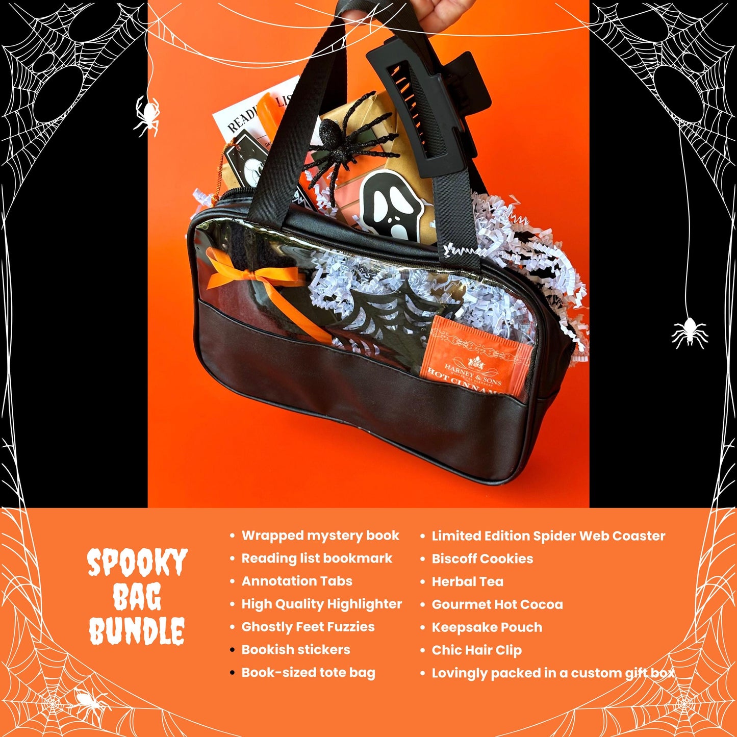 Halloween themed Blind Date with a Book Box with a surprise mystery book, spooky blind date-style wrapping, bookish stickers, reading list bookmark, herbal tea, annotation tabs, and highlighter. Perfect for fans of blind book dates, mystery box gifts, book lover gift boxes, dark romance books, romantasy, and spooky reader gifts. Treat yourself or surprise a loved one with this festive, haunted book box experience. Spooky Reading