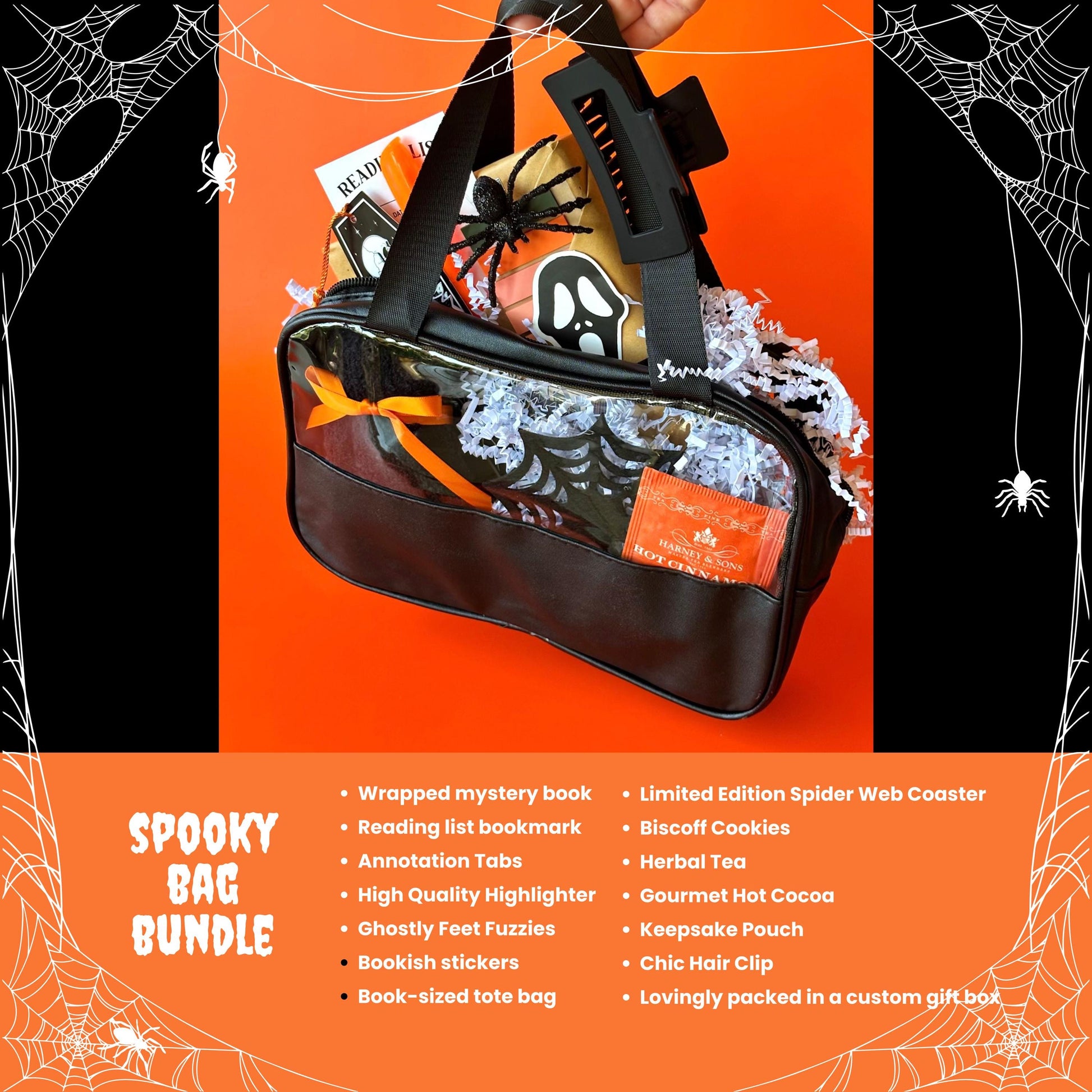 Halloween themed Blind Date with a Book Box with a surprise mystery book, spooky blind date-style wrapping, bookish stickers, reading list bookmark, herbal tea, annotation tabs, and highlighter. Perfect for fans of blind book dates, mystery box gifts, book lover gift boxes, dark romance books, romantasy, and spooky reader gifts. Treat yourself or surprise a loved one with this festive, haunted book box experience. Spooky Reading