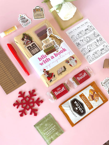 A warm, nostalgic blind date with a book box featuring festive red tones and a surprise novel. Perfect christmas blind date with a book for romantasy and dark romance readers who adore cozy, classic holiday themes.
