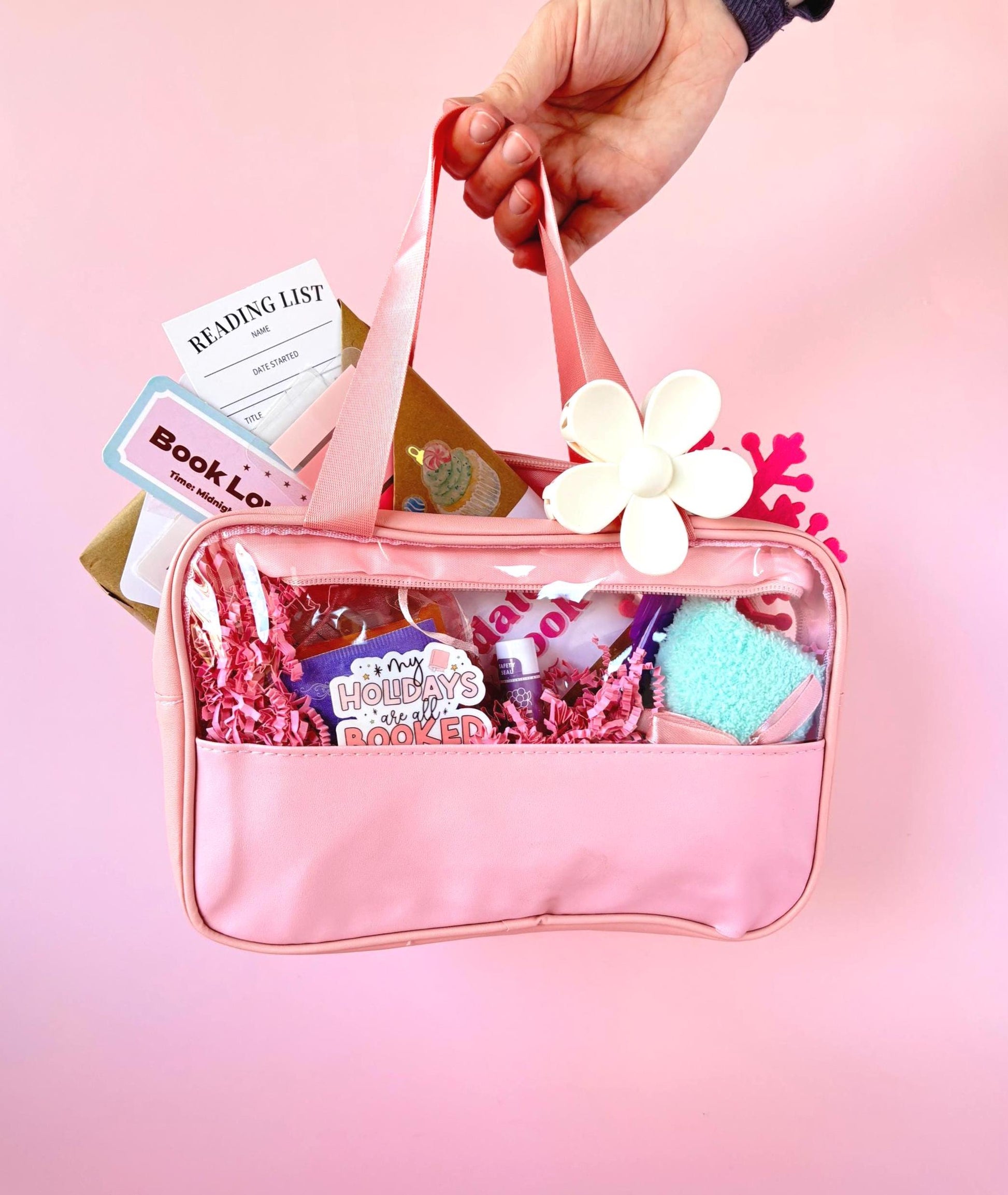 Festive blind date with a book christmas box filled with cozy pink holiday décor. Perfect for fans of blind date with a book dark romance and blind date with a book smut who crave a cozy, romantic mystery to unwrap under twinkling lights.