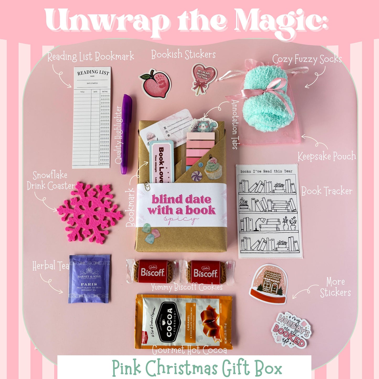Blind Date with a Book Box, Blind Book Dates, Mystery Book Gift, Bookish Gifts, Book Lover Gift, Custom Book Box, Pink Christmas