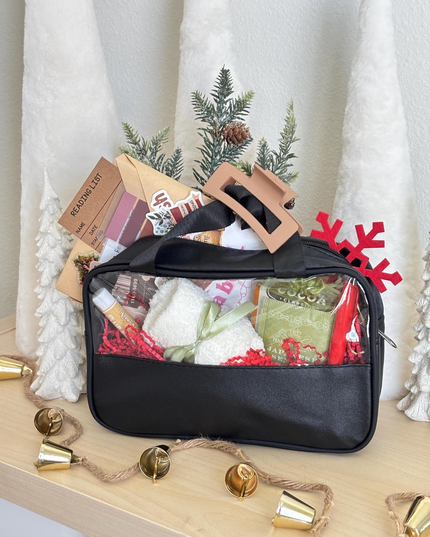 Classic christmas blind date with a book setup featuring vintage red and gold accents, cocoa, and a wrapped mystery novel. Perfect blind date with a book box for dark romance or romantasy readers who love nostalgic vibes.